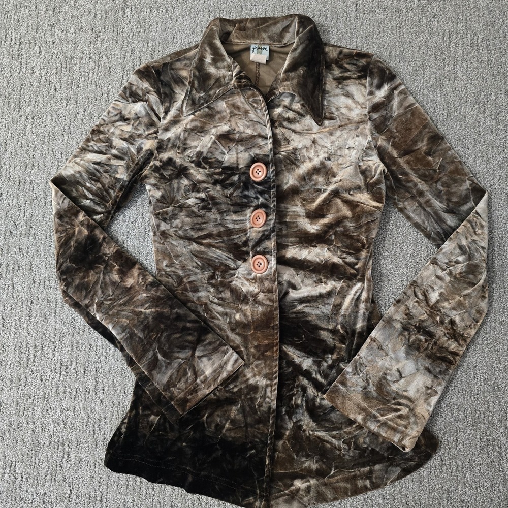 Vtg Groove Crushed Velvet Blazer Jacket Brown‎ Boho Indie Women's L Forest Fairy